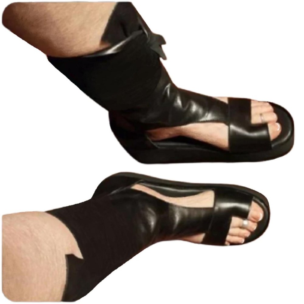 Black Leather Toe Ring Mid Calf Ankle Bootie Platform Zip Sandal Open Toe  EU 38